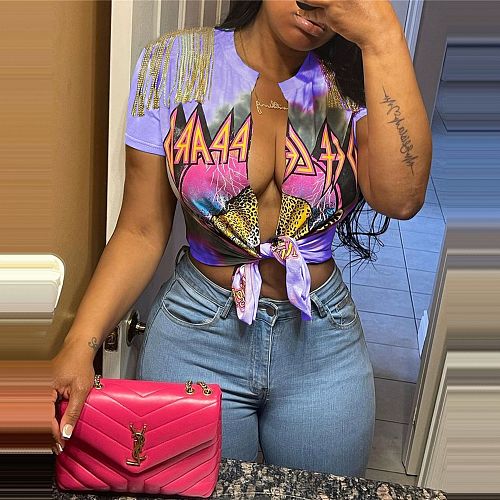 Short Sleeve Tassel Loose Print Split Tees Tops SAND-2070