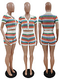 Contrast Color Stripe Knitting Two Piece Shorts Set DY-6901