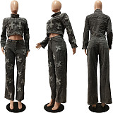 Fashion Women Cross Burn Long Pants Denim Sets 2 Pieces CM-8710