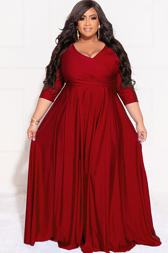 Large Size Women Solid Color Round Collar Pleated Hem Long Dresses OQ-3313