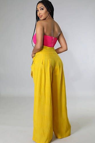 Women High Waist Lace-up Yellow Wide-leg Pants LSL-0017
