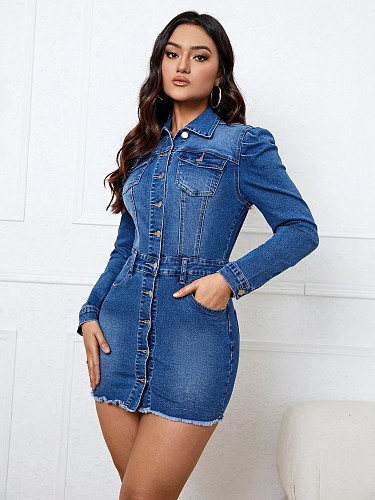 2024 Women Long Sleeved Lapel Buttons Denim Mini Dress LX-3572