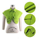 Solid Color Polo Collar Pockets Irregular Single-breasted Cardigan Blouse HANI-2333