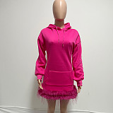 Street Solid Feathers Hooded Collar Straight Dresses GT-9153