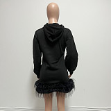 Street Solid Feathers Hooded Collar Straight Dresses GT-9153