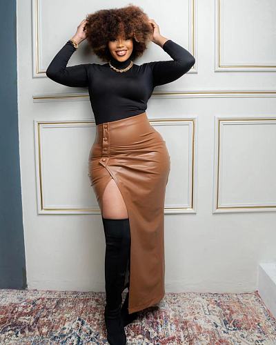 2024 Women PU Leather Irregular High Split Long Skirt Brown OD-8619