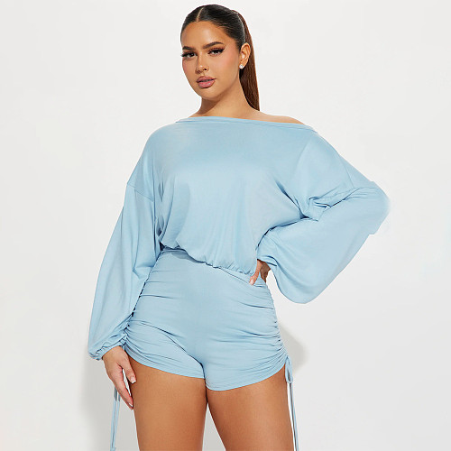 2024 Sexy Off Shoulder Long Sleeved Pleat Drawstring Girl Romper WDS-231078