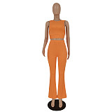 Solid Sleeveless Crop Tops Flare Pants Two Piece Set FE-276