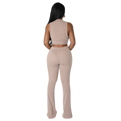 Solid Sleeveless Crop Tops Flare Pants Two Piece Set FE-276