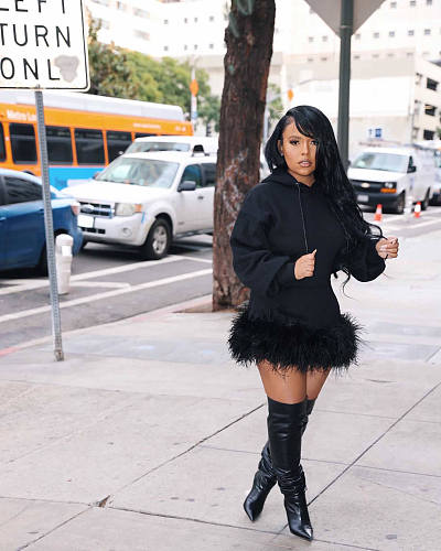 Street Solid Feathers Hooded Collar Straight Dresses GT-9153