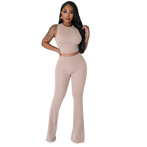 Solid Sleeveless Crop Tops Flare Pants Two Piece Set FE-276