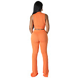 Solid Sleeveless Crop Tops Flare Pants Two Piece Set FE-276