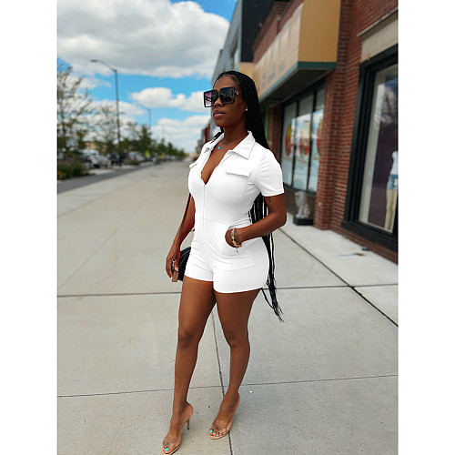 Solid Color Zipper Pockets Cargo Rompers DD-88217