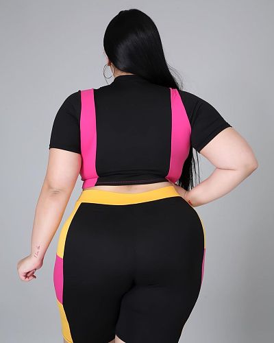 Women Plus Size Set Patchwork Short Sleeve Crop Tops Stretchy Shorts Tracksuit Summer Two Piece Outfits XY-9108