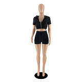 Zipper Short Sleeve Hooded Crop Top Shorts 2 Piece Set DD-88182