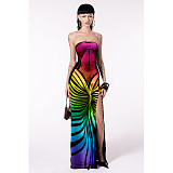 Sexy Strapless Women Printed Backless Lace-up Split Maxi Dress ASL-6722