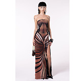 Sexy Strapless Women Printed Backless Lace-up Split Maxi Dress ASL-6722