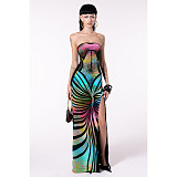 Sexy Strapless Women Printed Backless Lace-up Split Maxi Dress ASL-6722