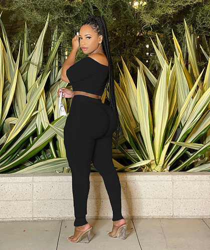 Sexy Off Shoulder Crop Top And Cut-out Pants 2 Pieces Sets YD-8810