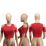 Women Summer Casual Solid Color Knitted Basic Sexy Streetwear Ribber Cut Out Short Sleeve Crop Tops SD-26123