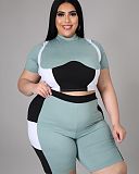 Women Plus Size Set Patchwork Short Sleeve Crop Tops Stretchy Shorts Tracksuit Summer Two Piece Outfits XY-9108