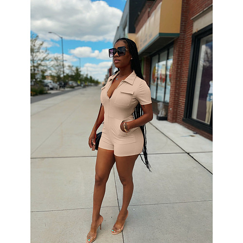 Solid Color Zipper Pockets Cargo Rompers DD-88217