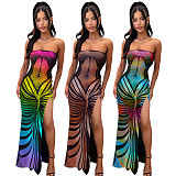 Sexy Strapless Women Printed Backless Lace-up Split Maxi Dress ASL-6722