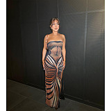 Sexy Strapless Women Printed Backless Lace-up Split Maxi Dress ASL-6722