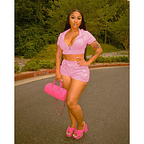 Zipper Short Sleeve Hooded Crop Top Shorts 2 Piece Set DD-88182