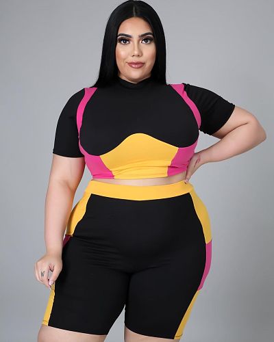 Women Plus Size Set Patchwork Short Sleeve Crop Tops Stretchy Shorts Tracksuit Summer Two Piece Outfits XY-9108