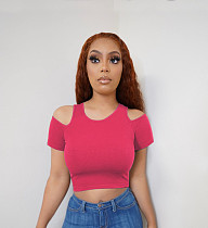 Women Summer Casual Solid Color Knitted Basic Sexy Streetwear Ribber Cut Out Short Sleeve Crop Tops SD-26123