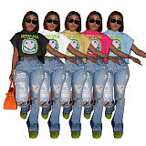 Summer Smiling face Printed Short Sleeve Hoodie T-shirt DD-88213