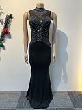 Lady Hot Drilling Transparent Patchwork Black Slim Long Dress NY-3151