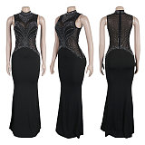 Lady Hot Drilling Transparent Patchwork Black Slim Long Dress NY-3151