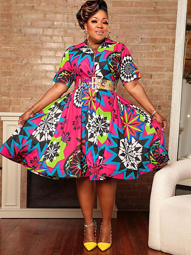 Fashion Printed Women Short Sleeves Zipper Plus Size Dress NY-10768