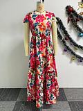Stylish Flower Printed Lady Short Sleeves Hem Long Dresses NY-10762
