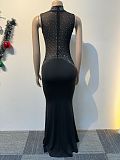 Lady Hot Drilling Transparent Patchwork Black Slim Long Dress NY-3151