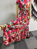 Stylish Flower Printed Lady Short Sleeves Hem Long Dresses NY-10762