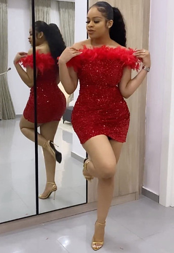 Sexy Off Shoulder Strapless Sequins Feather Pleated Mini Club Dress NY-3176