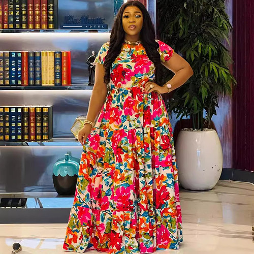 Stylish Flower Printed Lady Short Sleeves Hem Long Dresses NY-10762