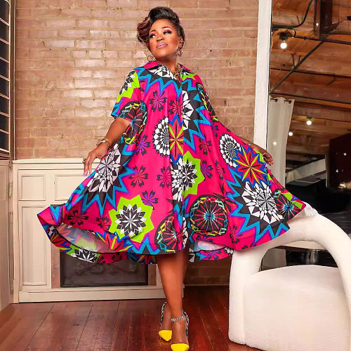 Fashion Printed Women Short Sleeves Zipper Plus Size Dress NY-10768