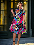 Fashion Printed Women Short Sleeves Zipper Plus Size Dress NY-10768