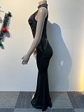 Lady Hot Drilling Transparent Patchwork Black Slim Long Dress NY-3151
