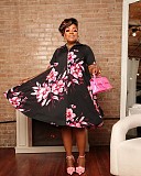 Fashion Printed Women Short Sleeves Zipper Plus Size Dress NY-10768