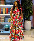 Stylish Flower Printed Lady Short Sleeves Hem Long Dresses NY-10762