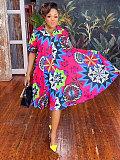 Fashion Printed Women Short Sleeves Zipper Plus Size Dress NY-10768