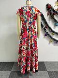 Stylish Flower Printed Lady Short Sleeves Hem Long Dresses NY-10762