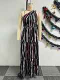 Women Oblique Shoulder Printed Backless Splicing Hem Maxi Dress NY-10708