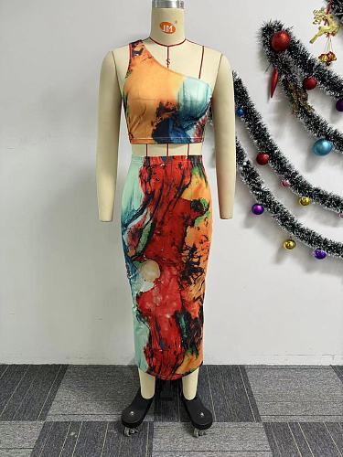 Sexy Printed Women Single Shoulder Crop Top And Package Hip Long Skirt NY-10758