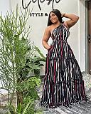Women Oblique Shoulder Printed Backless Splicing Hem Maxi Dress NY-10708